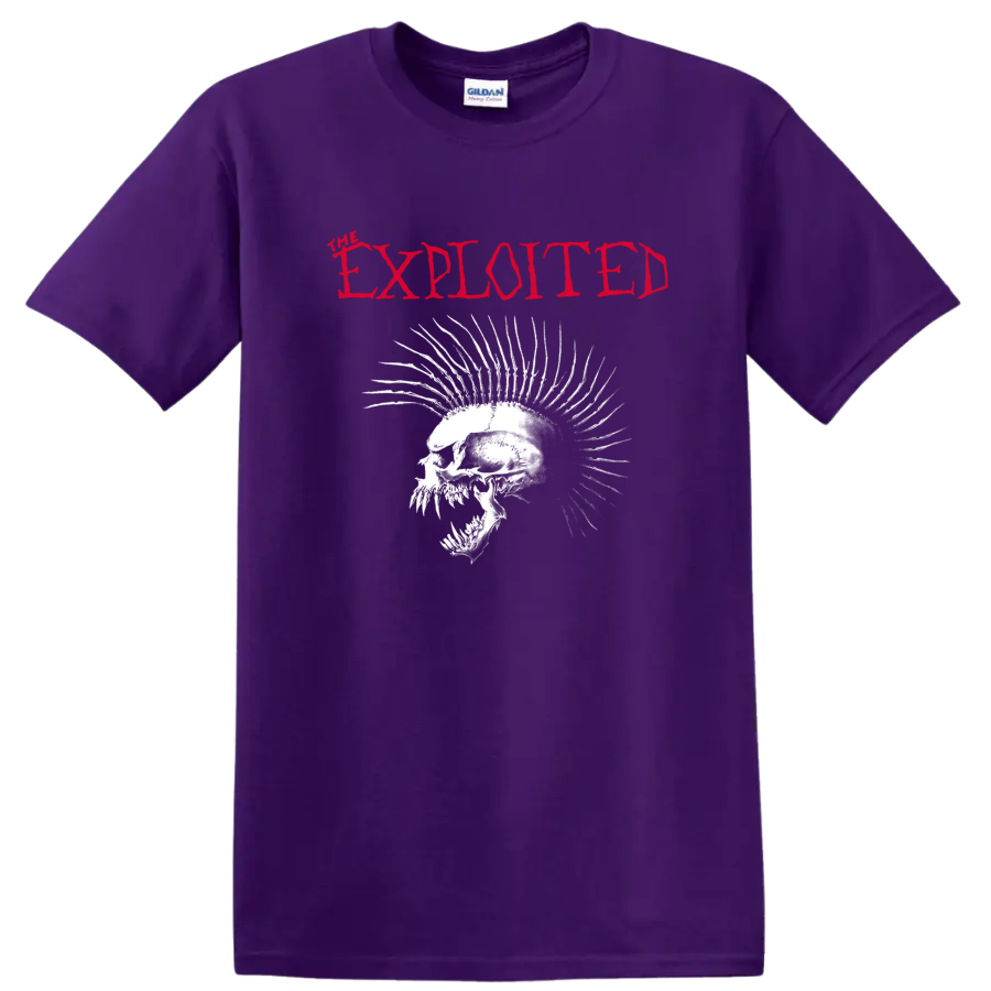 The Exploited red logo above distressed white skull with dramatic mohawk spikes on a Purple T Shirt