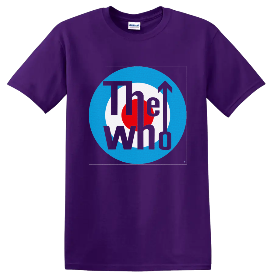The Who black logo over red, white, and blue mod target emblem with arrow on a Purple T Shirt
