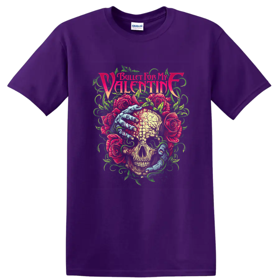 Bullet for My Valentine skull and roses neon rock metal graphic on a Purple T Shirt