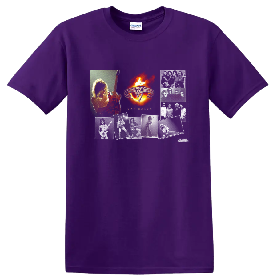 Van Halen fiery winged VH logo with guitar player in vintage rock graphic style on a Purple T Shirt