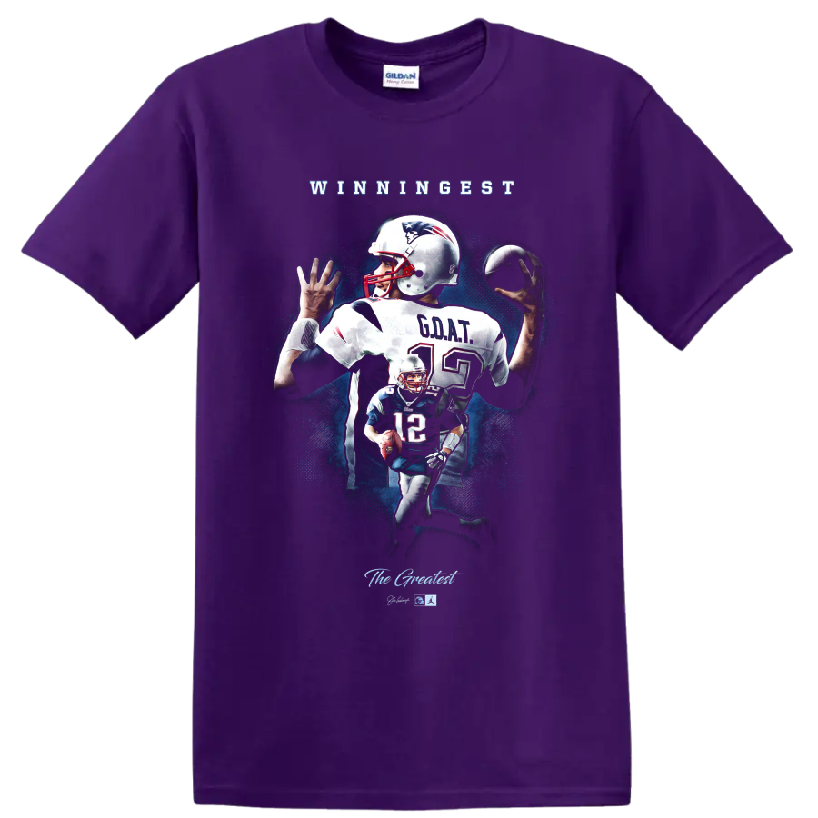 Tom Brady Patriots number 12 football collage with WINNINGEST and GOAT text on a Purple T Shirt