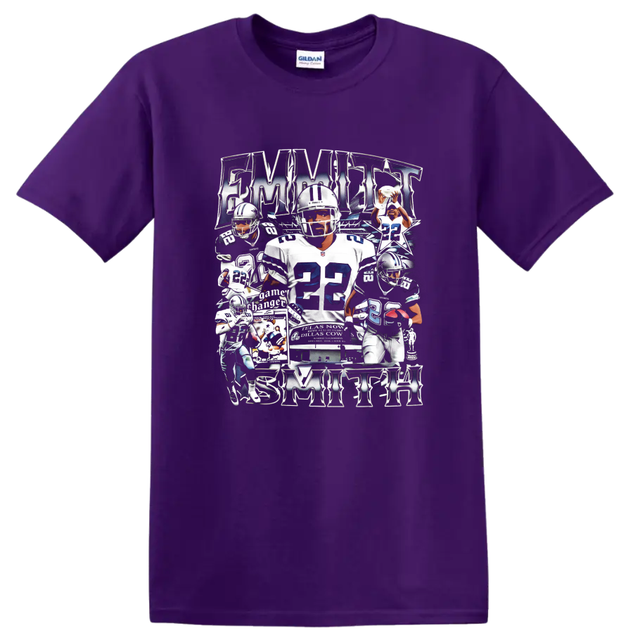 Emmitt Smith Dallas Cowboys number 22 vintage football collage with stars on a Purple T Shirt