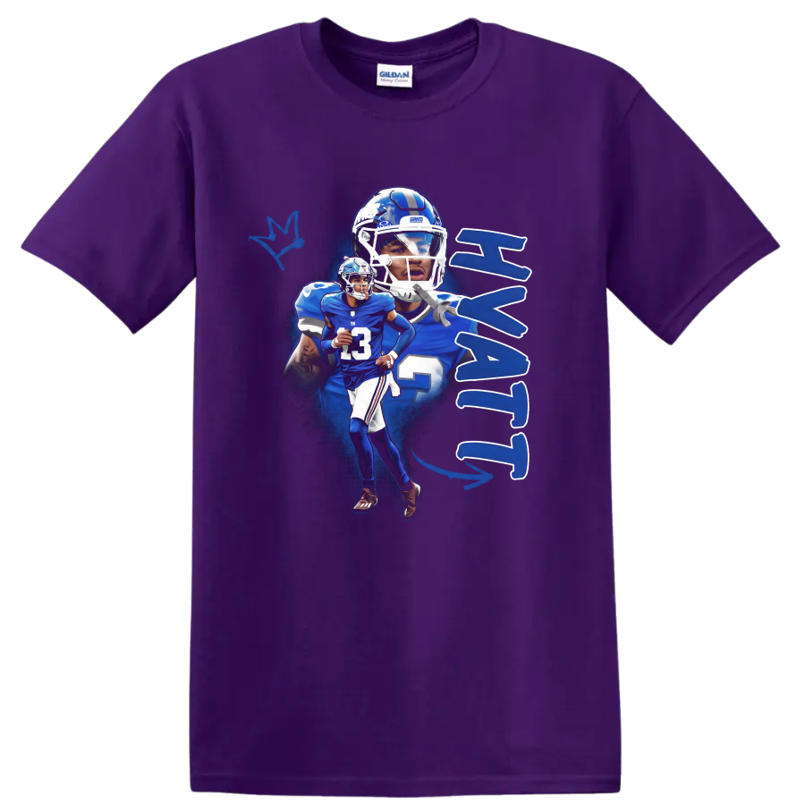 Jalin Hyatt New York Giants football action collage with number 13 and blue paint splashes on a Purple T Shirt