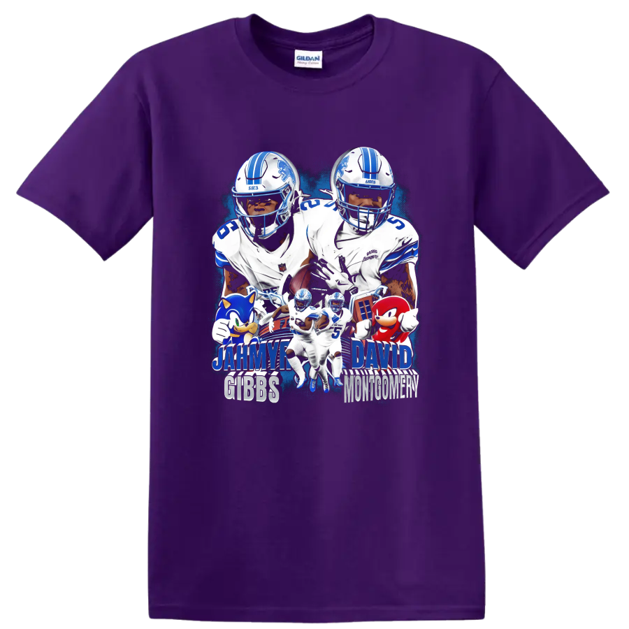 Jahmyr Gibbs and David Montgomery Detroit Lions football collage with blue action effects on a Purple T Shirt