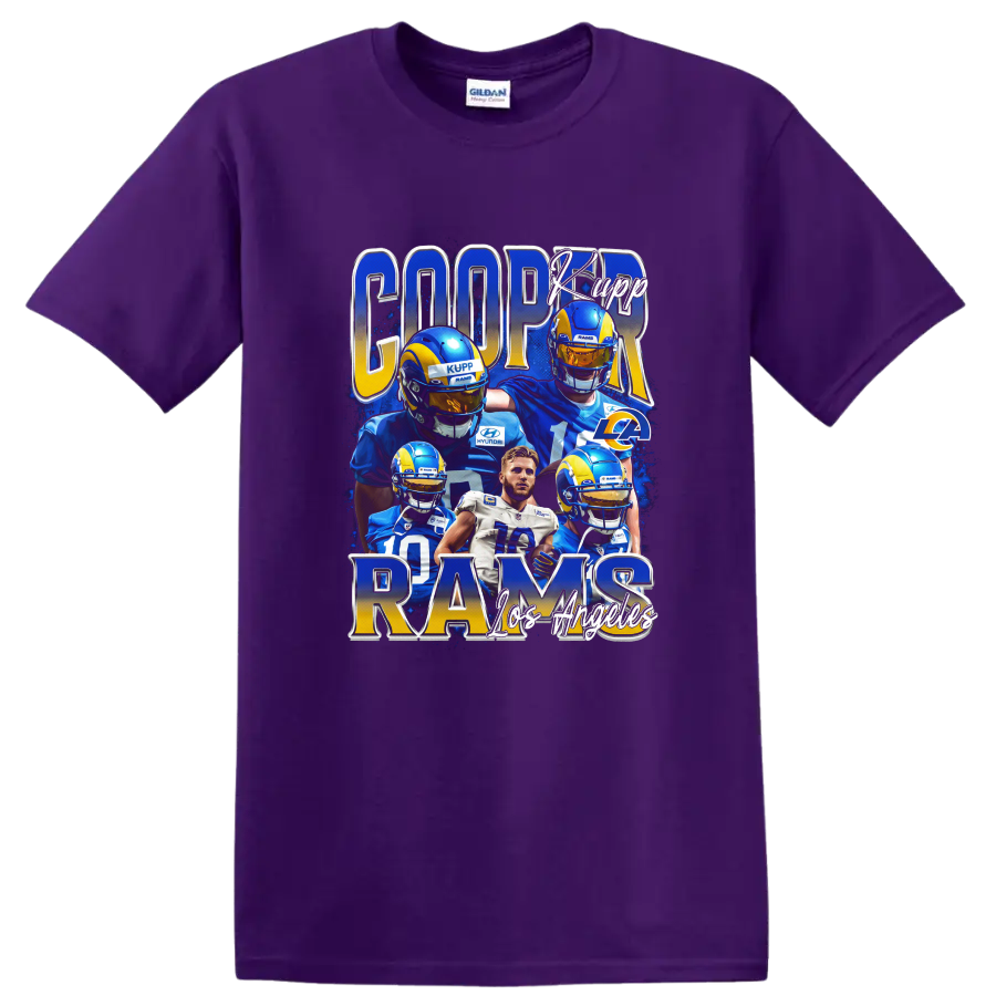 Cooper Kupp Rams football player collage with blue and gold metallic lettering on a Purple T Shirt