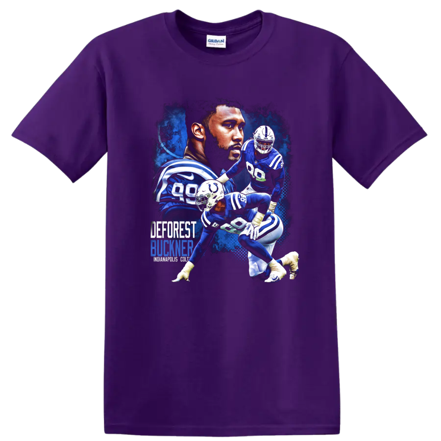 DeForest Buckner Indianapolis Colts defensive action collage with bold blue lettering on a Purple T Shirt