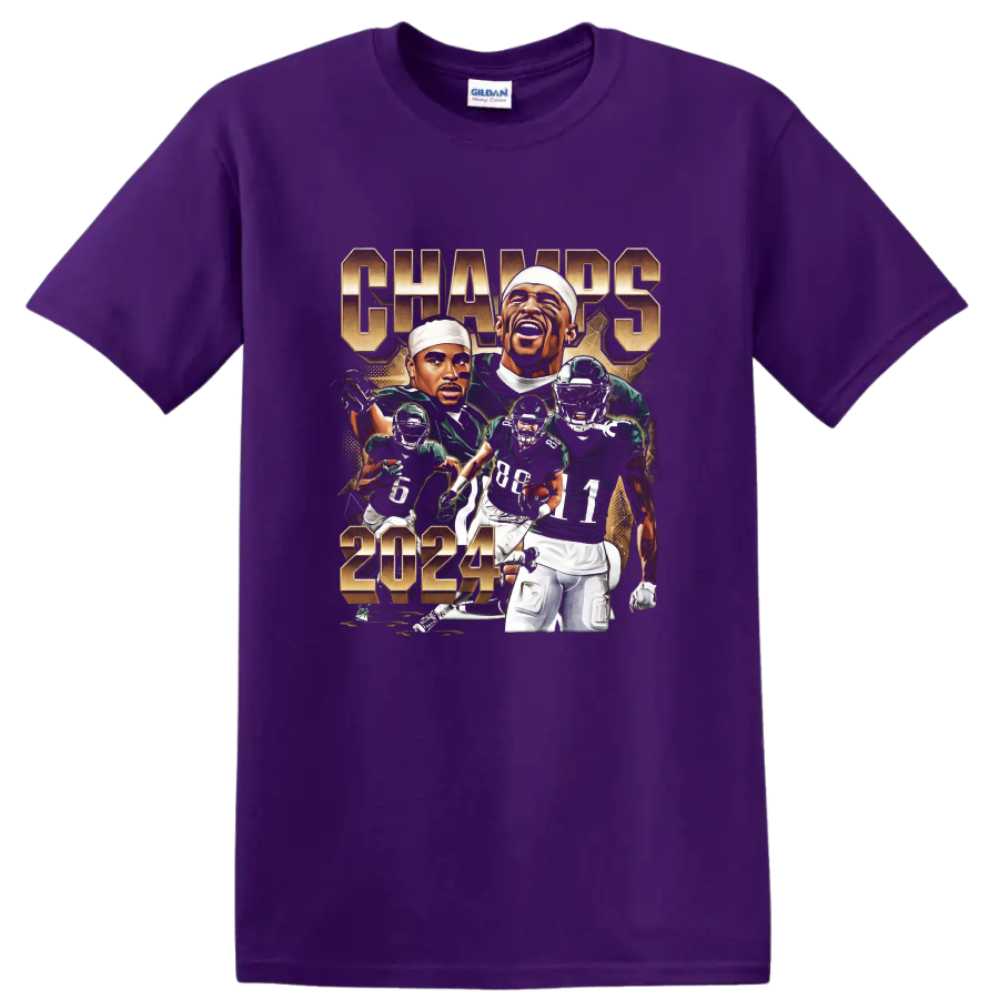 Jalen Hurts Philadelphia Eagles 2024 action portrait collage with CHAMPS lettering on a Purple T Shirt