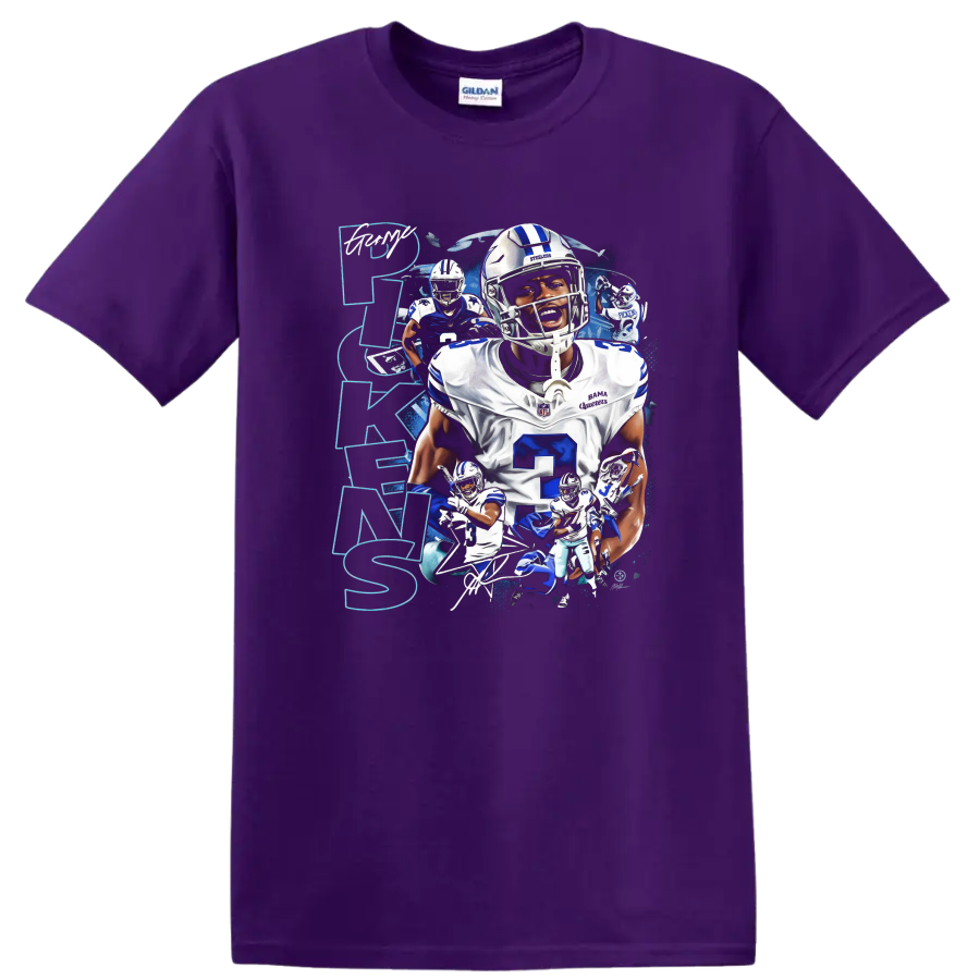 Dak Prescott Dallas Cowboys quarterback action collage with blue splatter and vertical on a Purple T Shirt