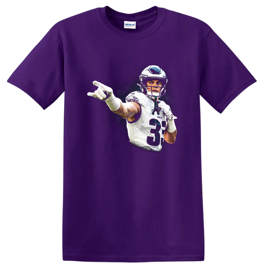 Troy Polamalu football player action illustration with a distressed dark green backdrop on a Purple T Shirt