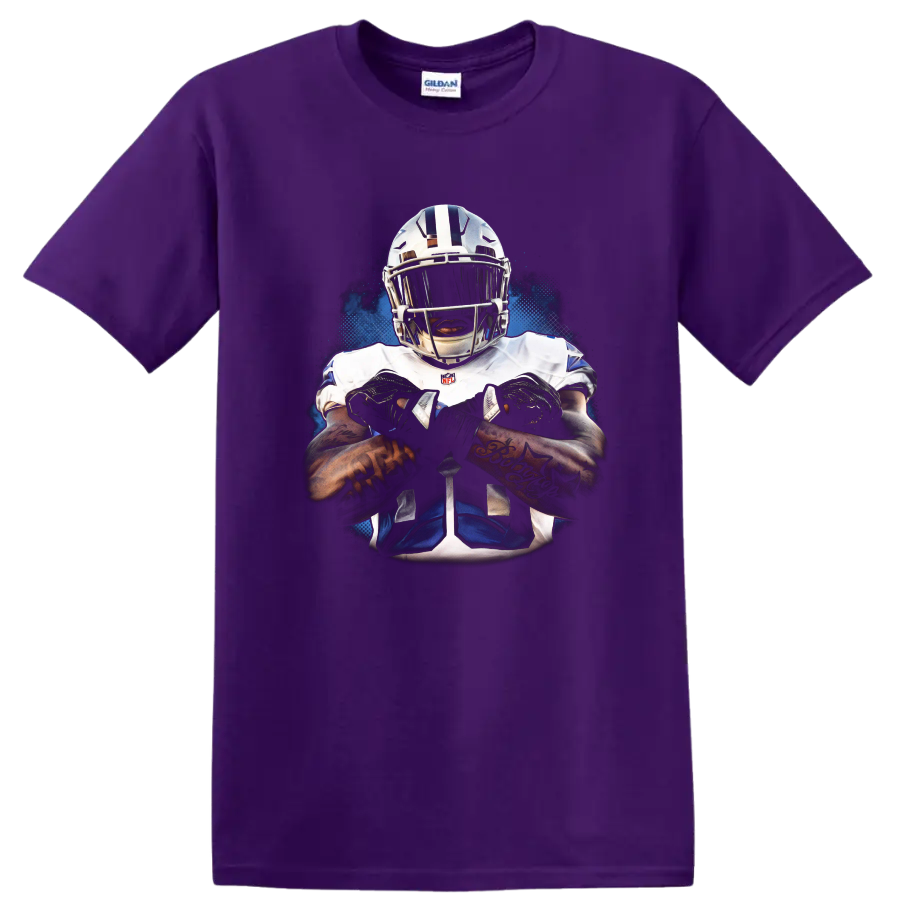 Trevon Diggs Dallas Cowboys helmeted football portrait with blue halftone effects on a Purple T Shirt