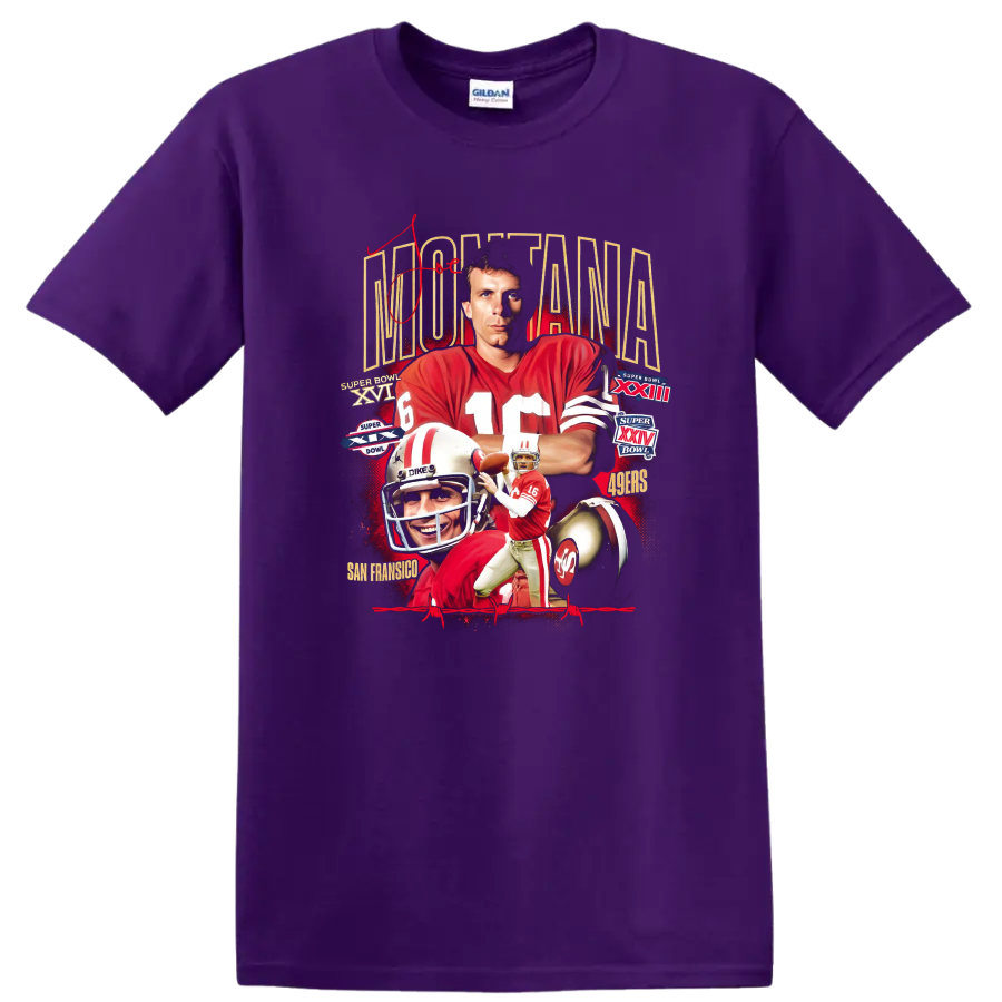 Joe Montana 49ers retro football collage with Super Bowl numerals and helmet on a Purple T Shirt