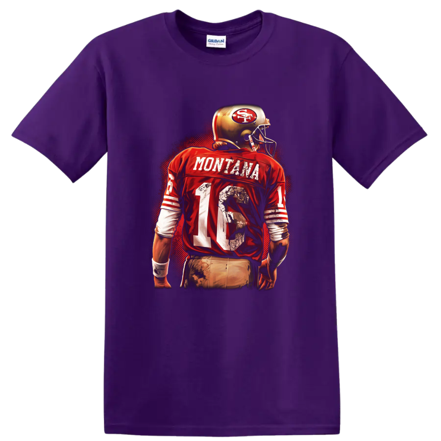 Joe Montana 49ers number 16 football player in distressed retro red artwork on a Purple T Shirt