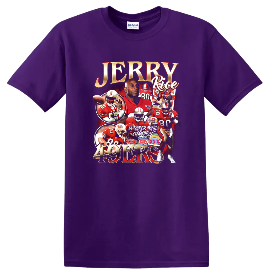 Jerry Rice 49ers football collage with number 80 action scenes and championship emblems on a Purple T Shirt