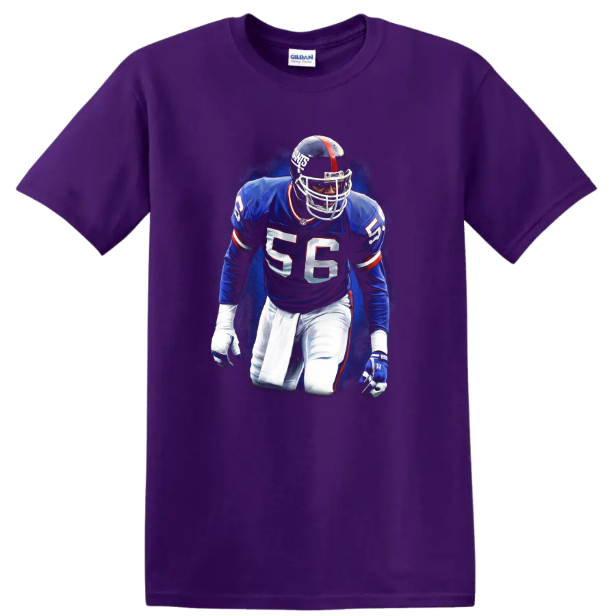 Lawrence Taylor number 56 New York Giants linebacker graphic with blue textured backdrop on a Purple T Shirt
