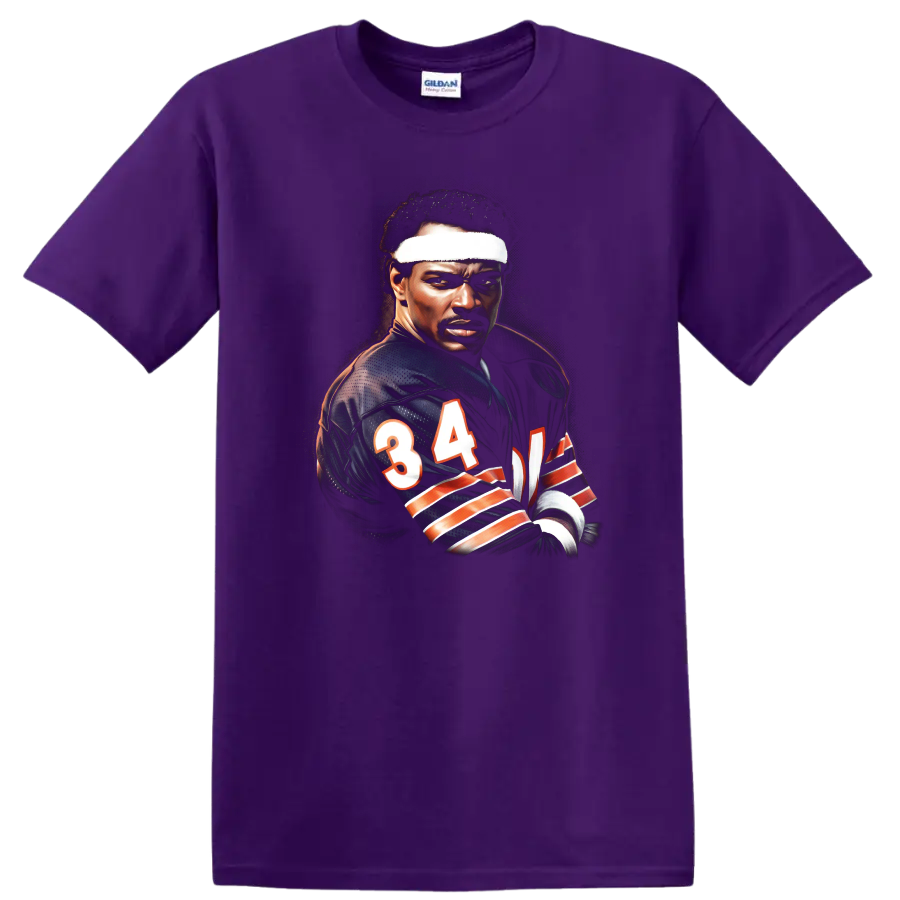 Walter Payton Chicago Bears number 34 football portrait in dramatic painterly style on a Purple T Shirt