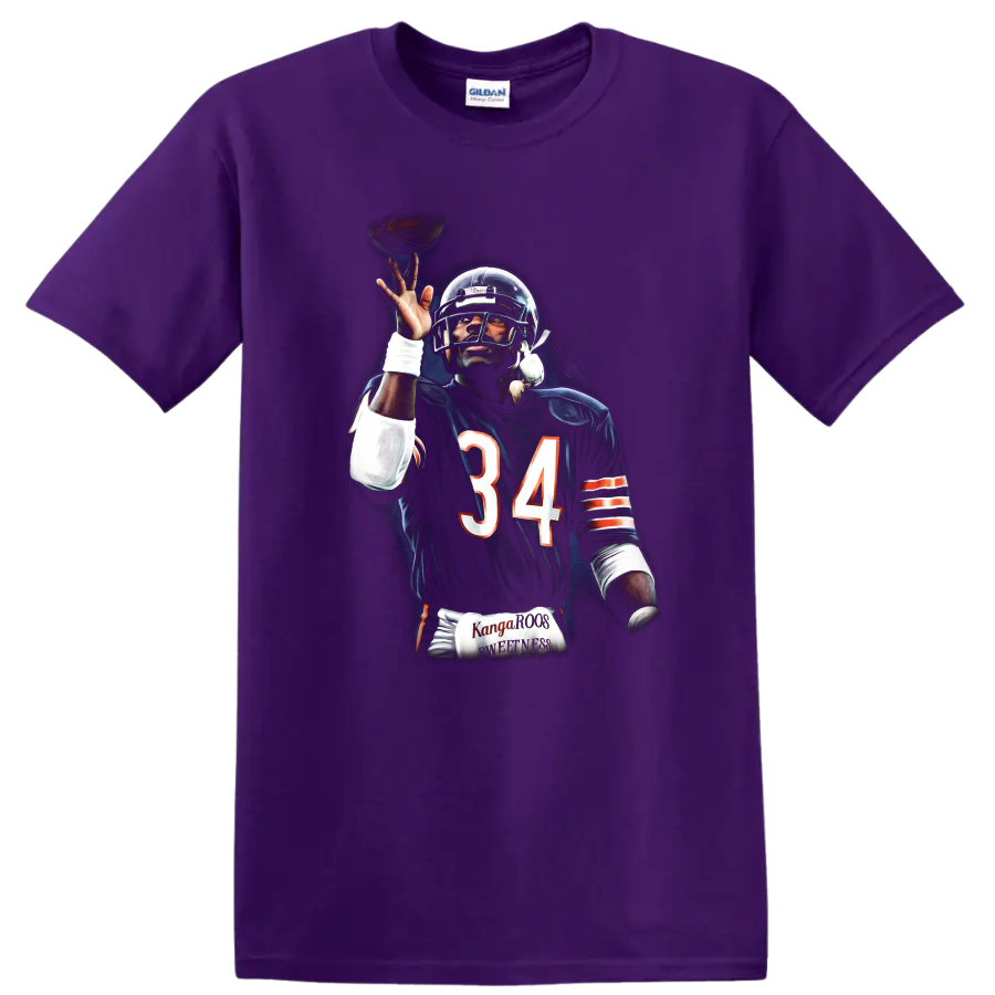 Walter Payton Chicago Bears number 34 football action portrait in dramatic retro style on a Purple T Shirt