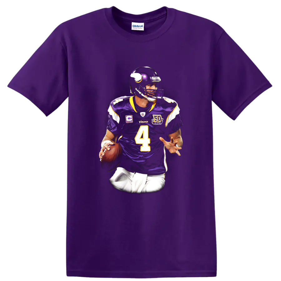 Brett Favre Minnesota Vikings quarterback portrait with purple number 4 uniform on a Purple T Shirt