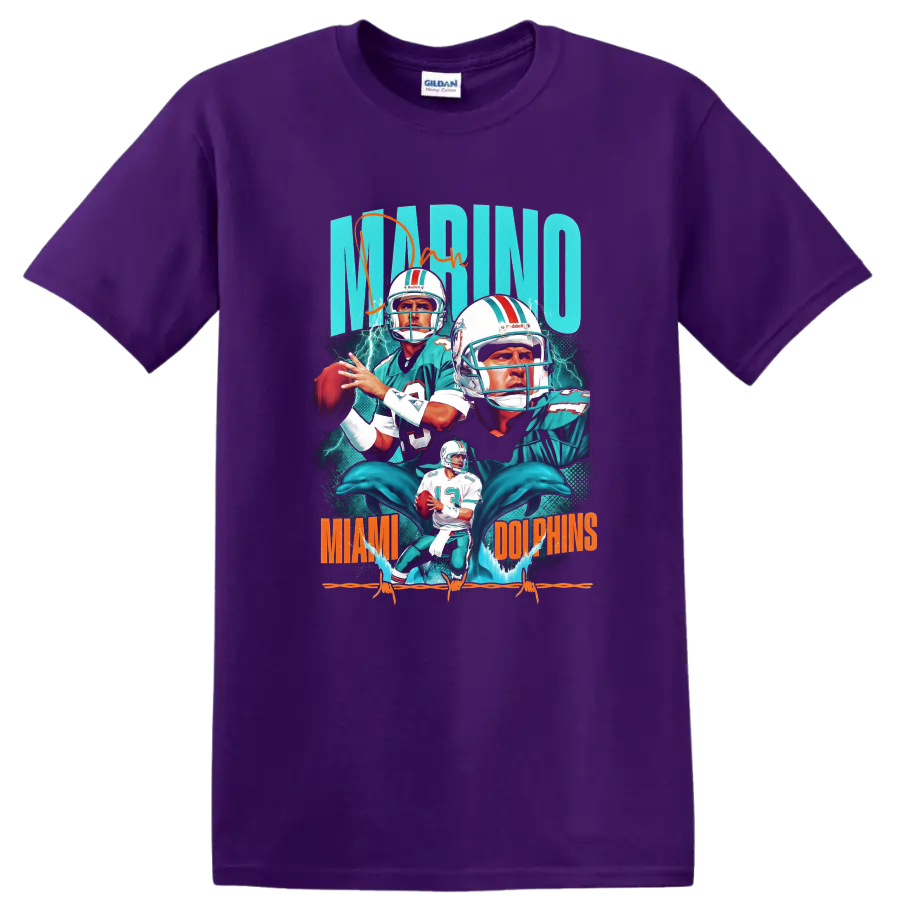 Dan Marino Miami Dolphins retro quarterback collage with dolphins and lightning on a Purple T Shirt