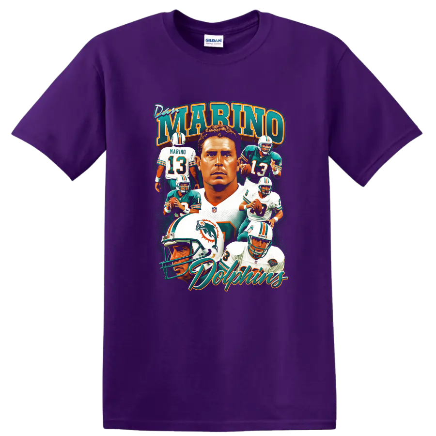 Dan Marino Miami Dolphins quarterback portrait collage with number 13 action scenes on a Purple T Shirt