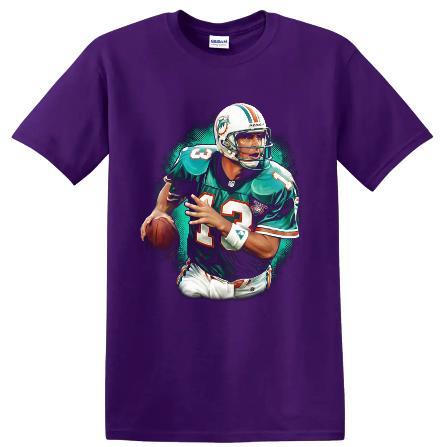 Dan Marino Miami Dolphins quarterback retro action portrait with teal halftone backdrop on a Purple T Shirt