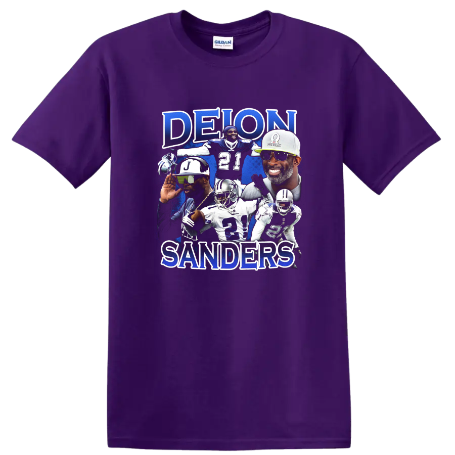 Deion Sanders football collage with blue paint splatter and DEION SANDERS lettering on a Purple T Shirt