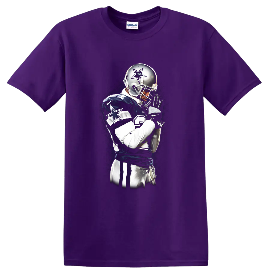 Deion Sanders Dallas Cowboys football portrait with silver helmet and star details on a Purple T Shirt