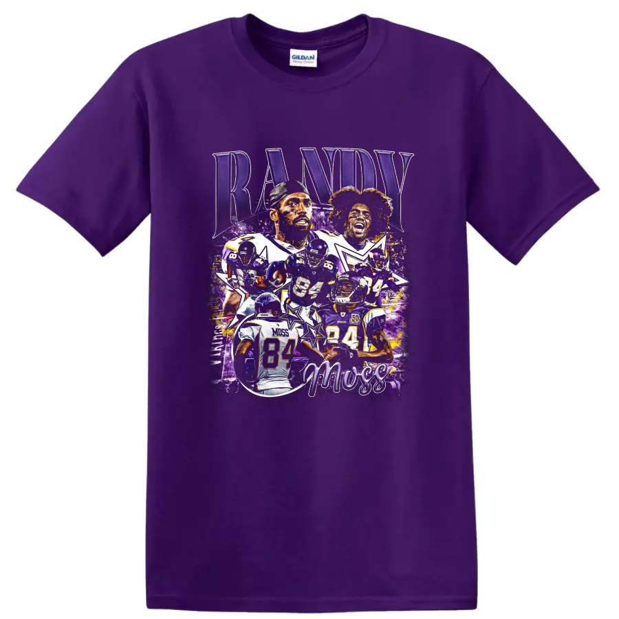 Randy Moss Minnesota Vikings purple football collage with action poses and number 84 on a Purple T Shirt