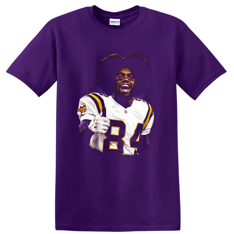 Randy Moss Minnesota Vikings number 84 football portrait with purple splatter art on a Purple T Shirt