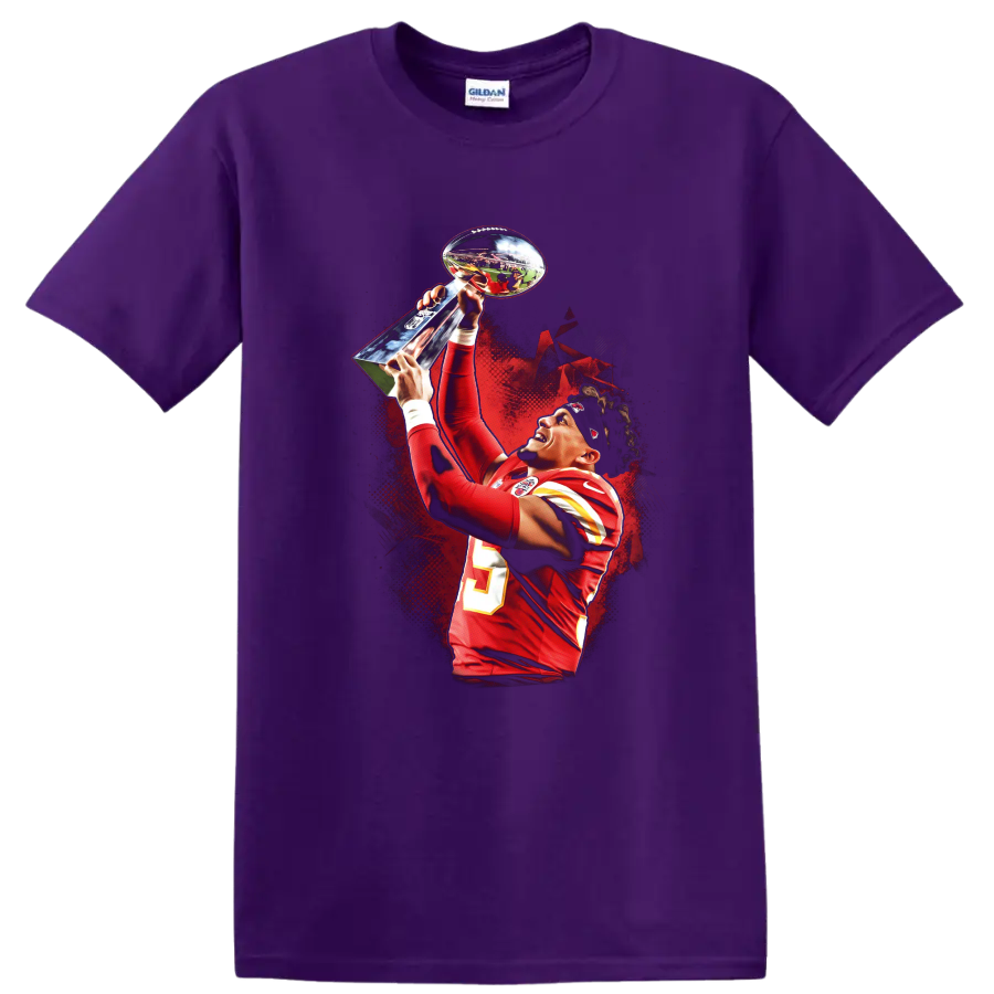 Patrick Mahomes raising a trophy in red football uniform with dramatic red splatter art on a Purple T Shirt