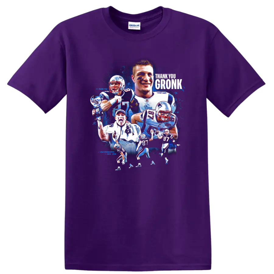 Rob Gronkowski Patriots football action collage with Thank You Gronk lettering on a Purple T Shirt