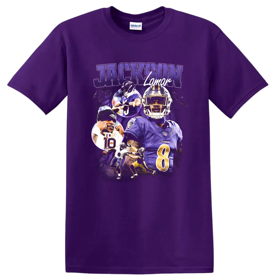 Lamar Jackson Baltimore Ravens number 8 football portrait collage with JACKSON text on a Purple T Shirt