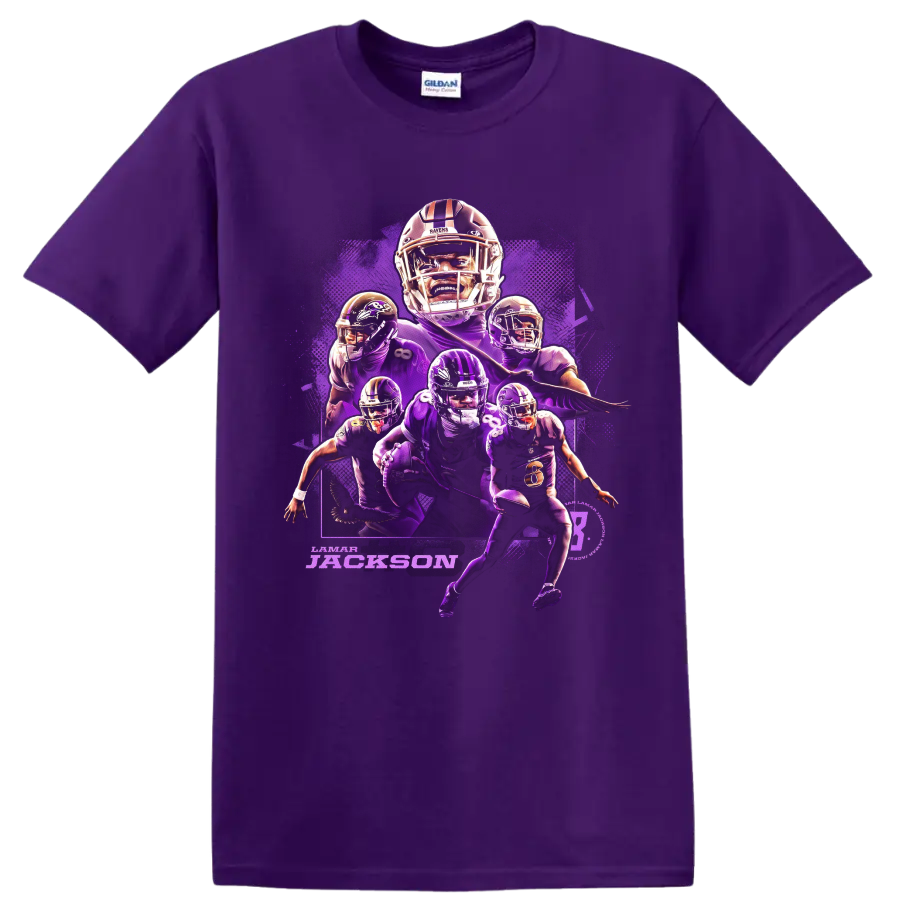 Lamar Jackson Baltimore Ravens purple football action collage with layered player poses on a Purple T Shirt