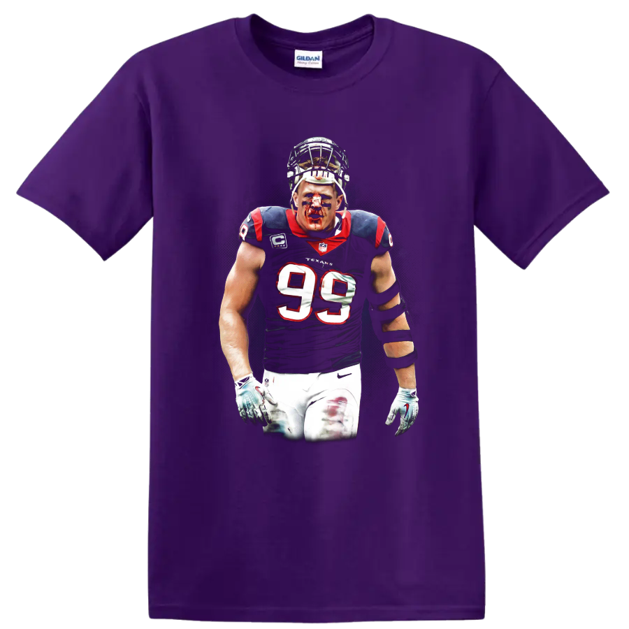 J.J. Watt Houston Texans defensive player portrait in gritty football graphic style on a Purple T Shirt