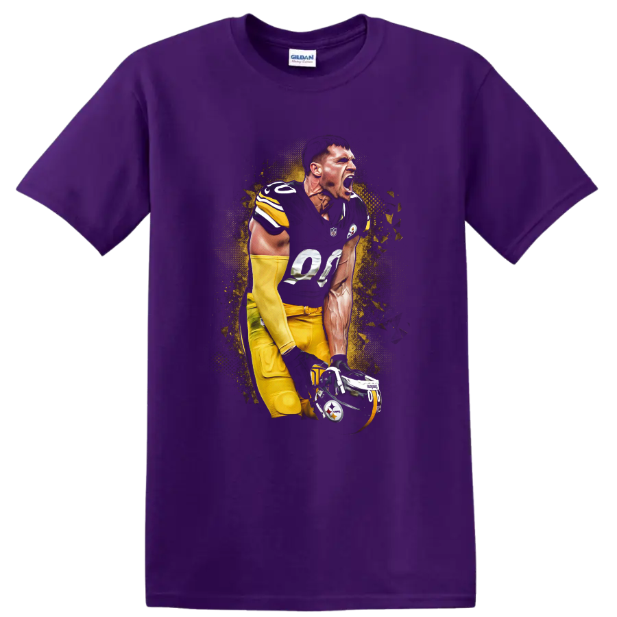 Ben Roethlisberger Steelers quarterback in a roaring pose with gold halftone burst art on a Purple T Shirt