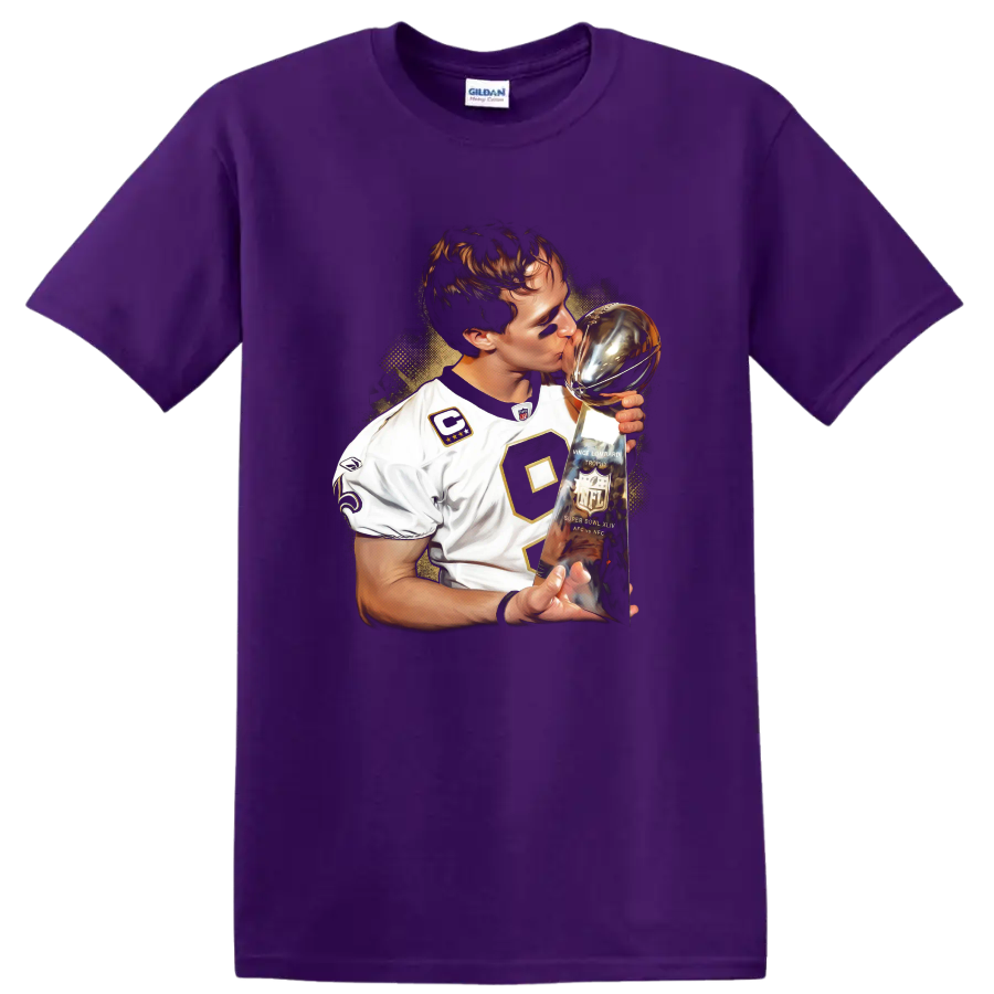 Drew Brees kissing the Vince Lombardi Trophy in dramatic football portrait art on a Purple T Shirt