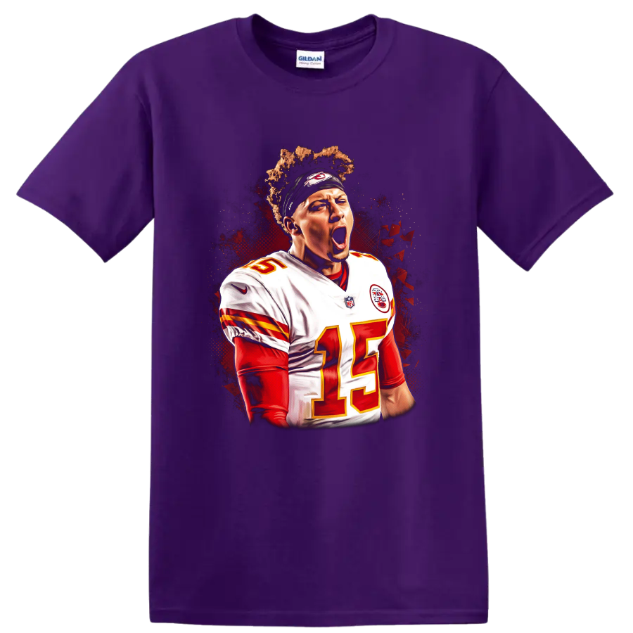 Patrick Mahomes Chiefs number 15 quarterback portrait with red and black action art on a Purple T Shirt