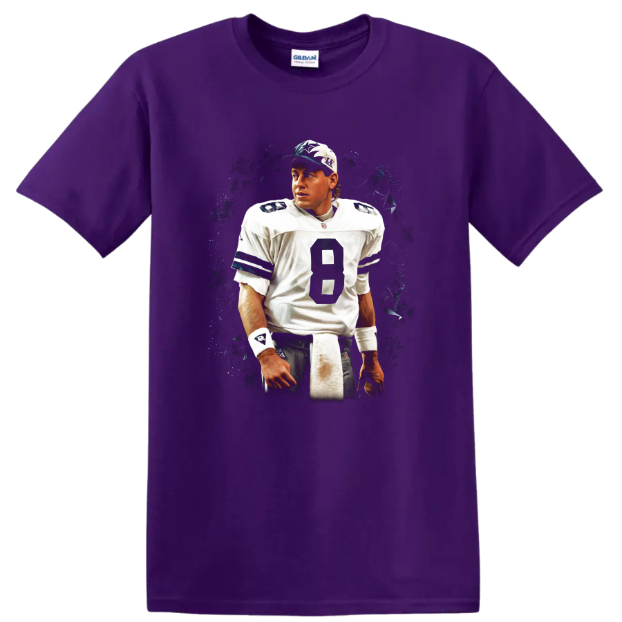 Troy Aikman Dallas Cowboys quarterback portrait with dark vintage splatter backdrop on a Purple T Shirt