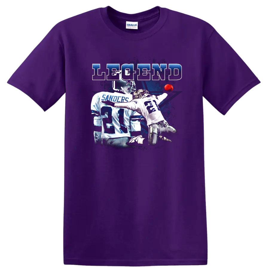 Deion Sanders Dallas Cowboys number 21 action graphic with distressed LEGEND text on a Purple T Shirt