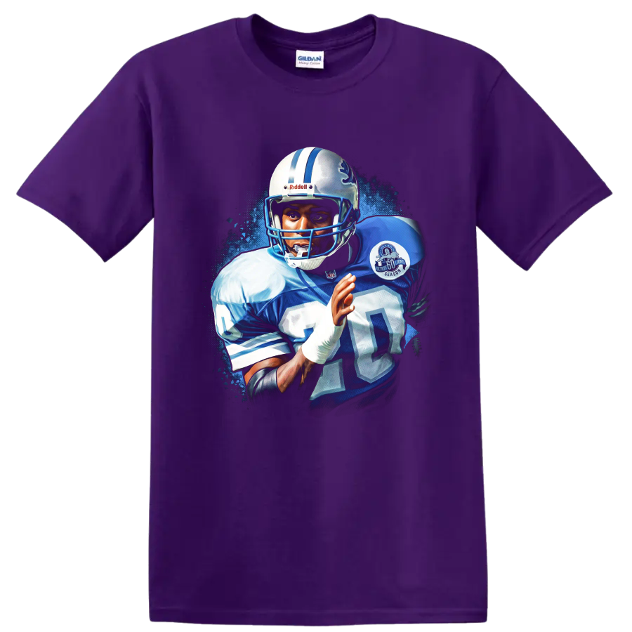 Barry Sanders Detroit Lions number 20 football action portrait with blue splatter art on a Purple T Shirt