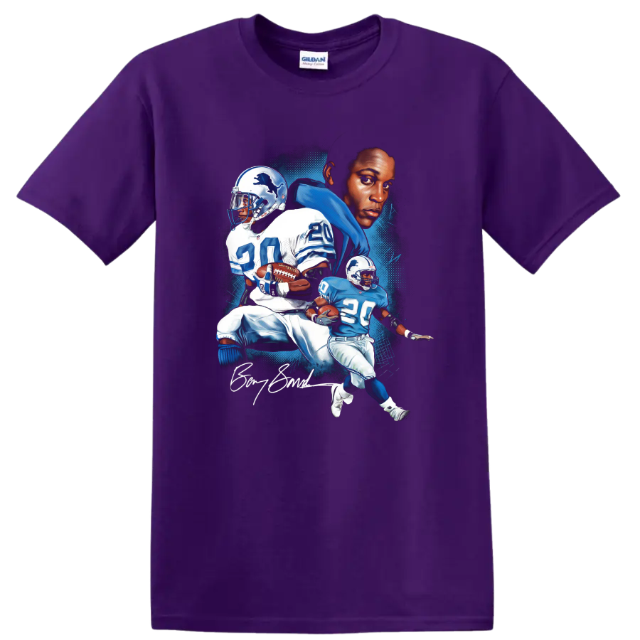Barry Sanders Detroit Lions No. 20 illustrated football action portrait on a Purple T Shirt