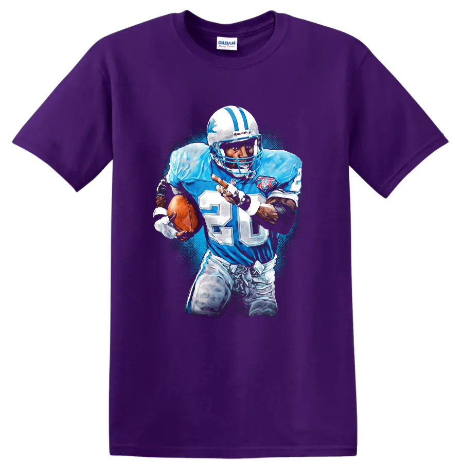 Barry Sanders Detroit Lions number 20 running back action graphic with blue paint splatter on a Purple T Shirt