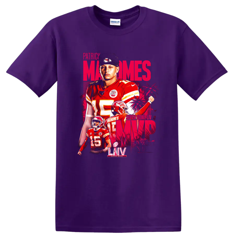 Patrick Mahomes Chiefs Super Bowl LIV MVP layered football portrait in pink and red on a Purple T Shirt