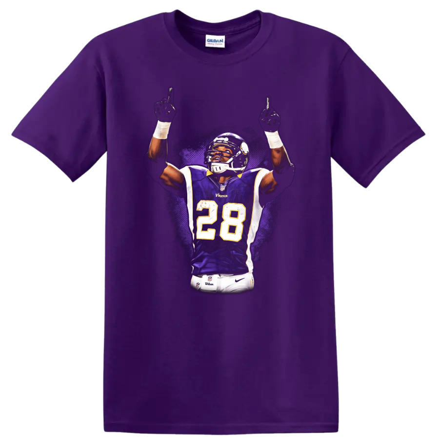 Adrian Peterson Vikings number 28 purple jersey celebration with purple splash art on a Purple T Shirt