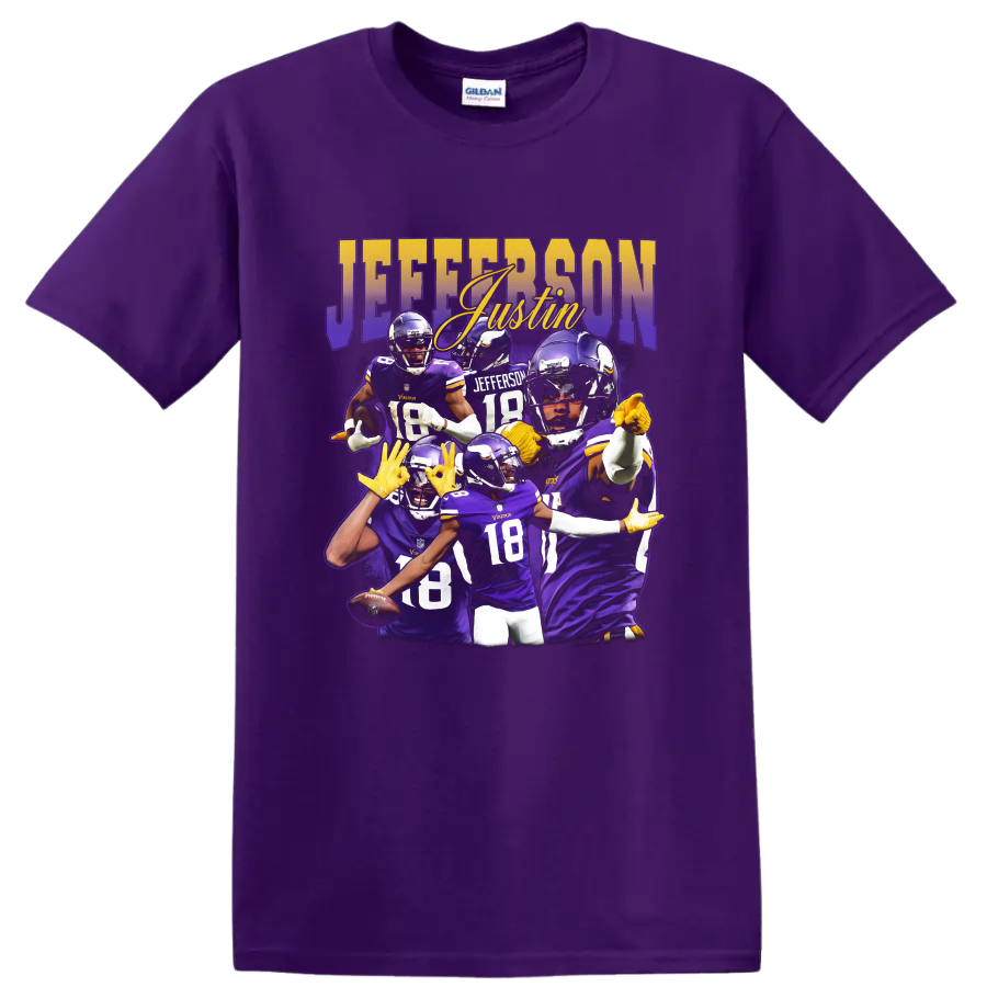 Justin Jefferson Minnesota Vikings purple football action collage with JEFFERSON lettering on a Purple T Shirt