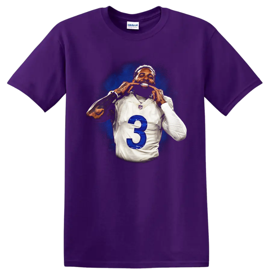 Odell Beckham Jr Cleveland Browns number 3 portrait with blue splatter background on a Purple T Shirt
