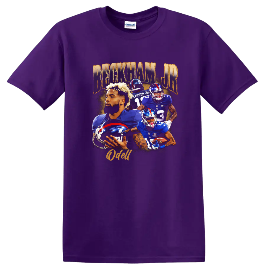 Odell Beckham Jr. New York Giants football action collage with Beckham Jr. and Odell text on a Purple T Shirt