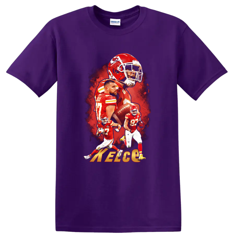 Travis Kelce Kansas City Chiefs football action collage with number 87 and helmet art on a Purple T Shirt