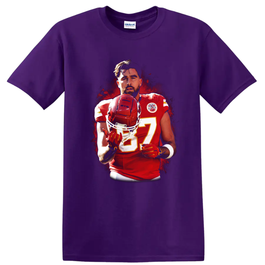 Travis Kelce Kansas City Chiefs number 87 helmet portrait in bold halftone sports art on a Purple T Shirt