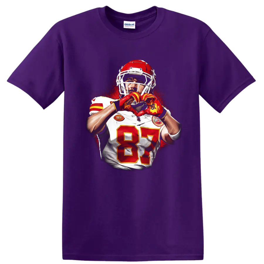 Travis Kelce Chiefs football portrait making heart hands in red splatter art on a Purple T Shirt