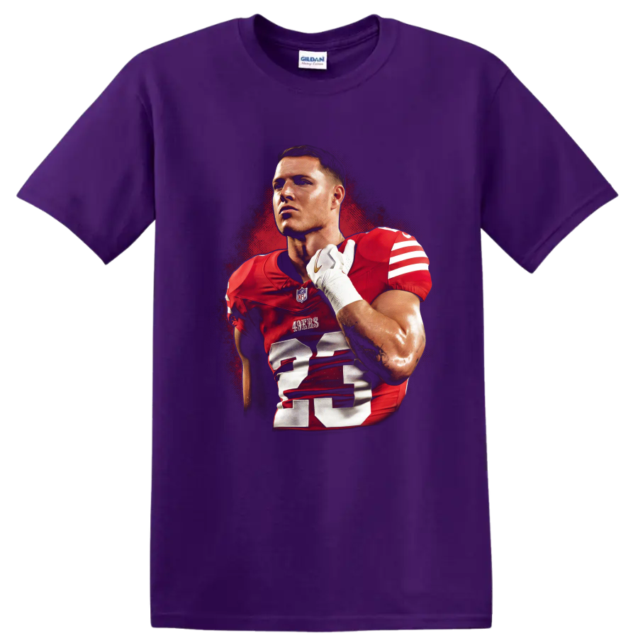 Christian McCaffrey 49ers number 23 football portrait in gritty red poster style on a Purple T Shirt